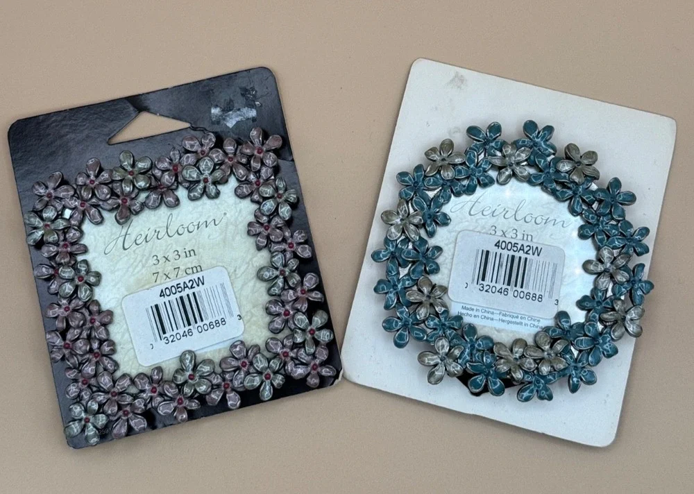 🌸🖼️ Lot of 2 Heirloom 3x3 Floral Mini Picture Frames Blue & Pink – New